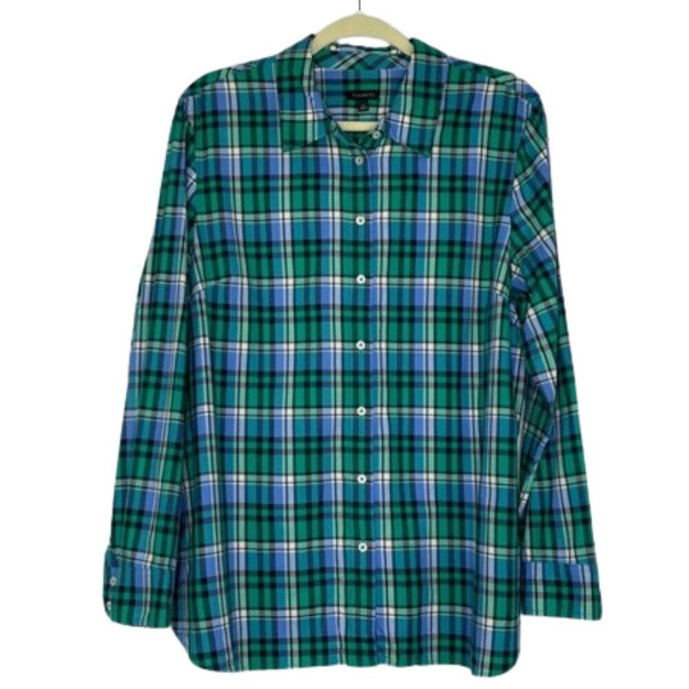 Talbots blue green plaid button down women's shirt women's size XL 100% Cotton